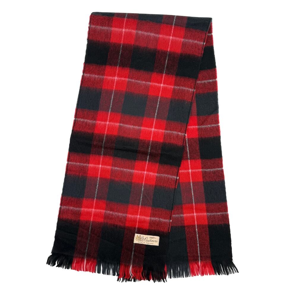 Vintage 100% Cashmere Plaid Scarf Made in England Red Black Fringe Soft